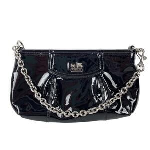 Coach Madison Patent Leather Black Chain Wristlet Small Purse Purple Interior